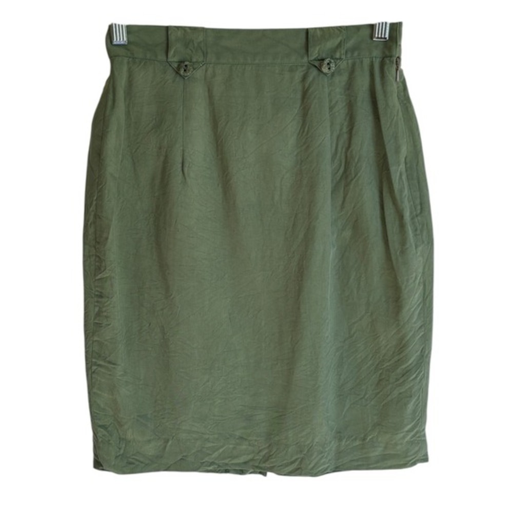Vtg Le Canari Sage Green 100% Silk Lined Pencil Skirt Sz 6 Minimalist Career